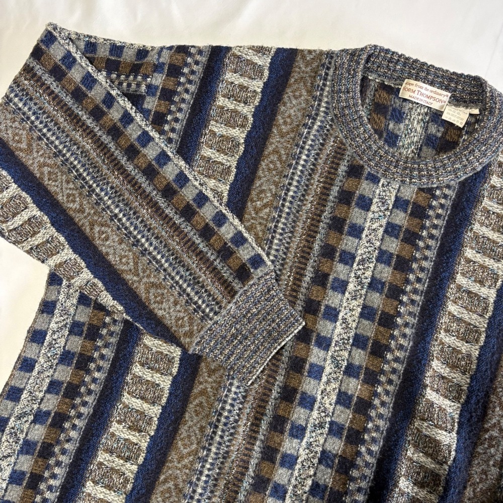 Norm Thompson Sweater Mens XL Blue Grey Italian Wool Silk Blend‎ Geometric Knit